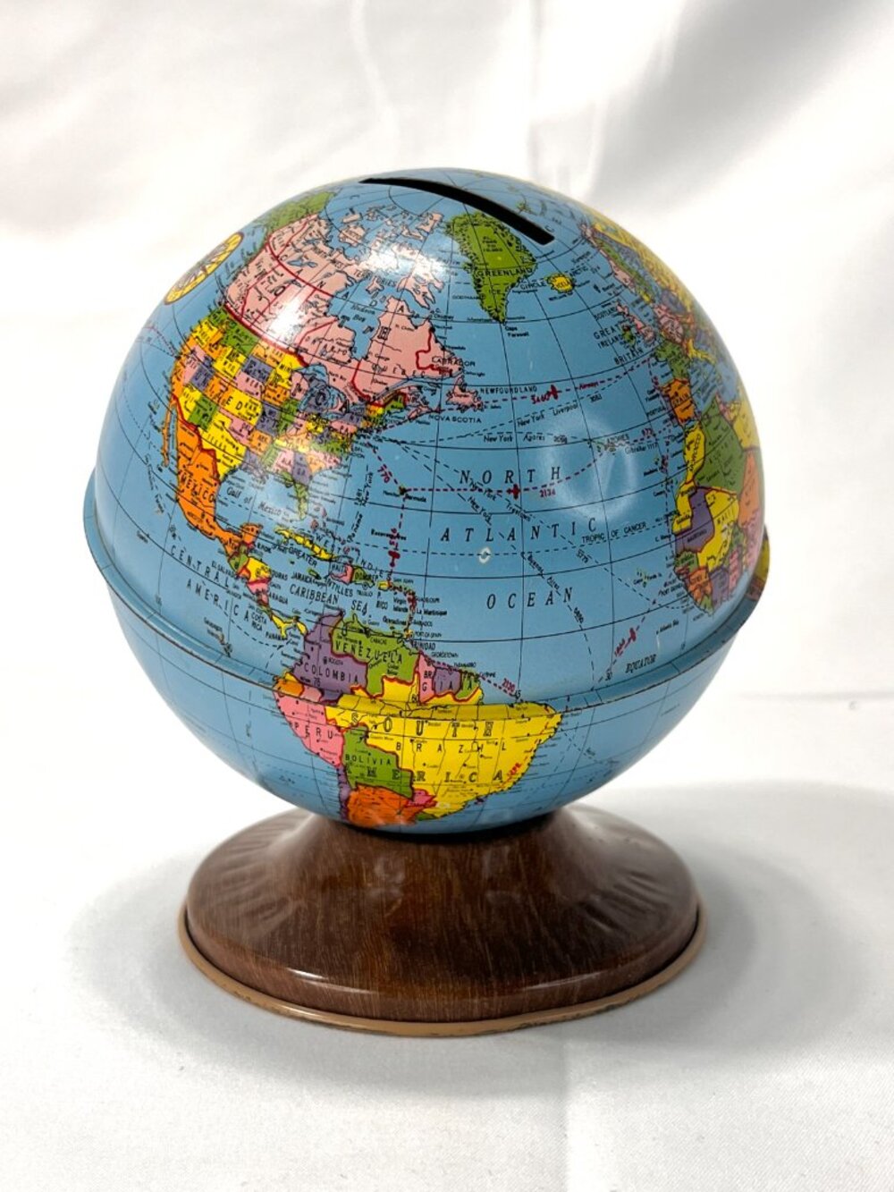 Vintage THE OHIO ART Co World Globe Piggy Bank USA Soviet Union Steel Metal Tin